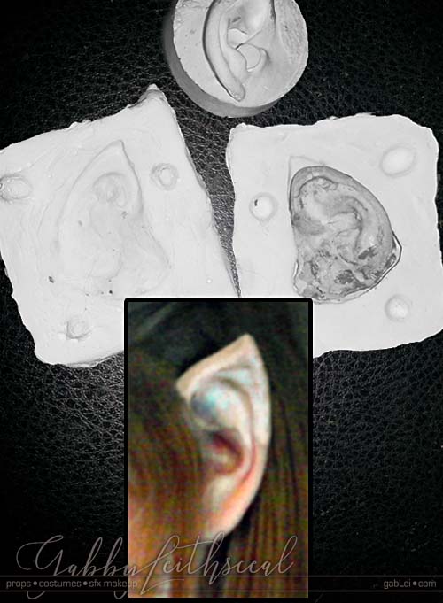 Plaster molds and prosthetic test wearing of Prince Nuada's costume elf ear tip.