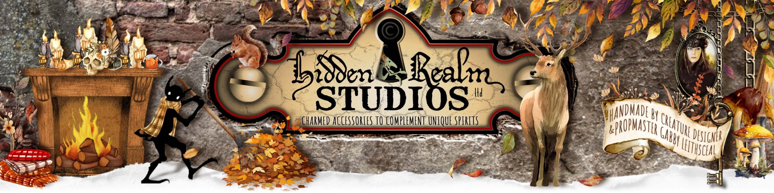 Hidden Realm Studios logo surrounded by autumn's essence: falling leaves, a cozy fireplace, woodland creatures, candles, and a playful goblin shadow in a scarf raking leaves.